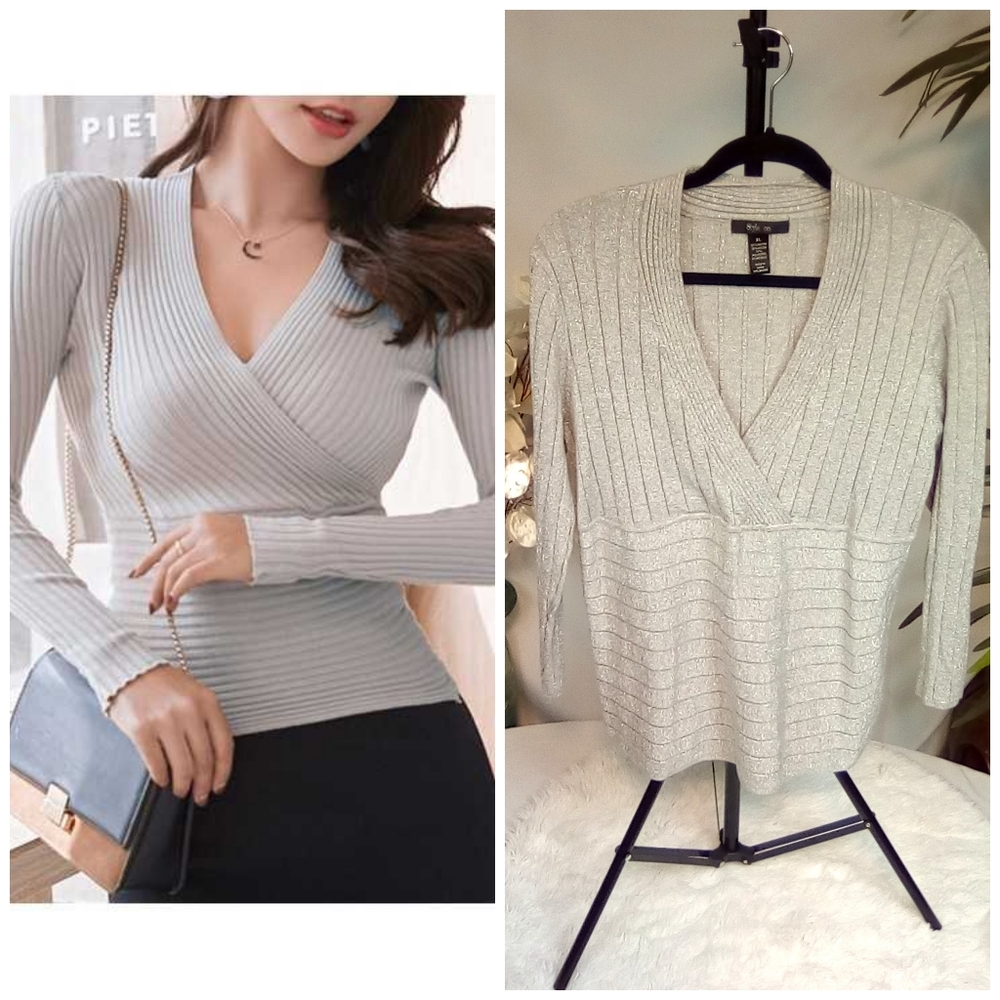 Style & Co. Silver Shimmer V-Neck Sweater Size XL